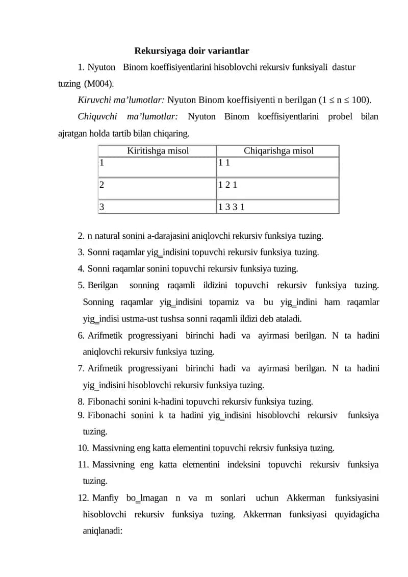 Rekursiyaga doir variantlar 1