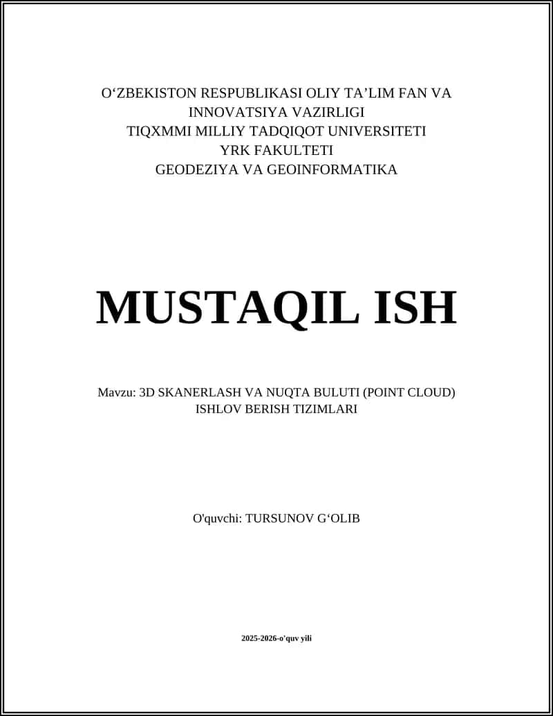 3D SKANERLASH VA NUQTA BULUTI ISHLOV BERISH TIZIMLARI 1