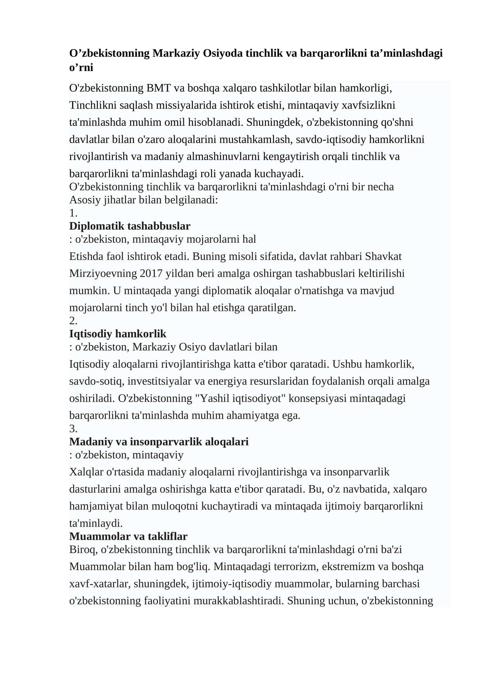 O’zbekistonning Markaziy Osiyoda tinchlik va barqarorlikni ta’minlashdagi o’rni 1