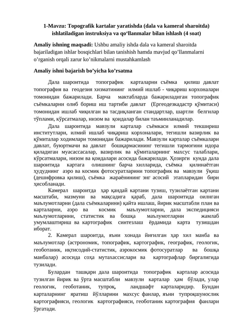 Topografik kartalar yaratishda ish (dala va kameral sharoitda) 1