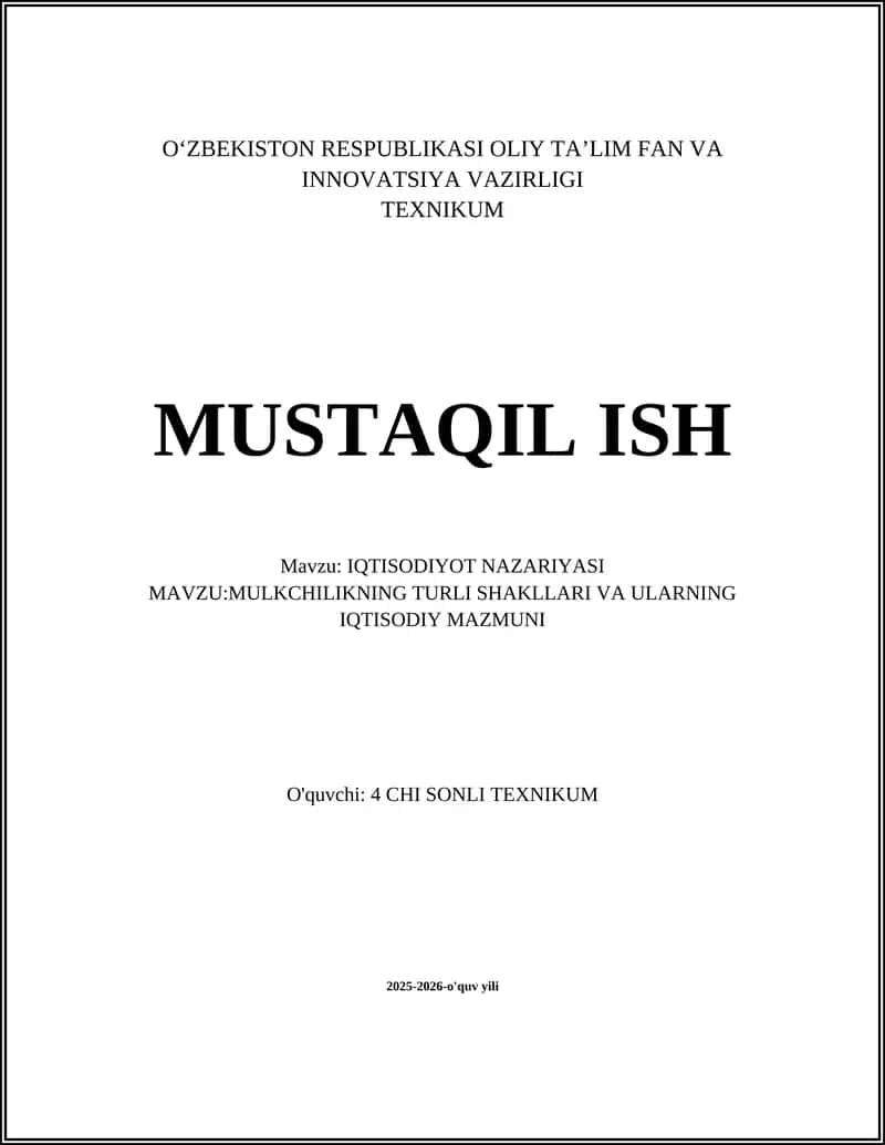 Mulkchilikning Turlari va Ularning Iqtisodiy Mazmuni 1