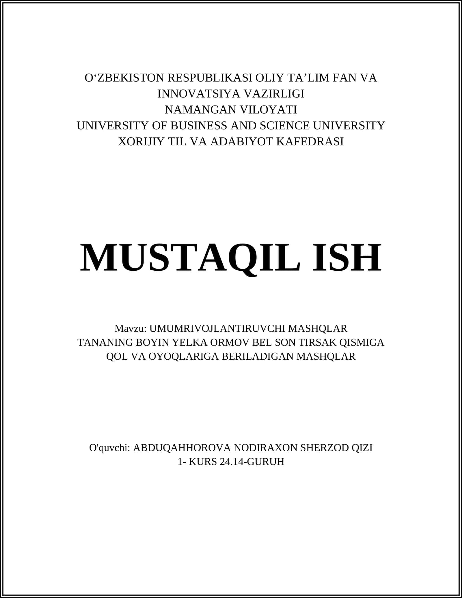 UMUMRIVOJLANTIRUVCHI MASHQLAR TANANING BOYIN YELKA ORMOV BEL SON TIRSAK QISMIGA QOL VA OYOQLARIGA BERILADIGAN MASHQLAR 1