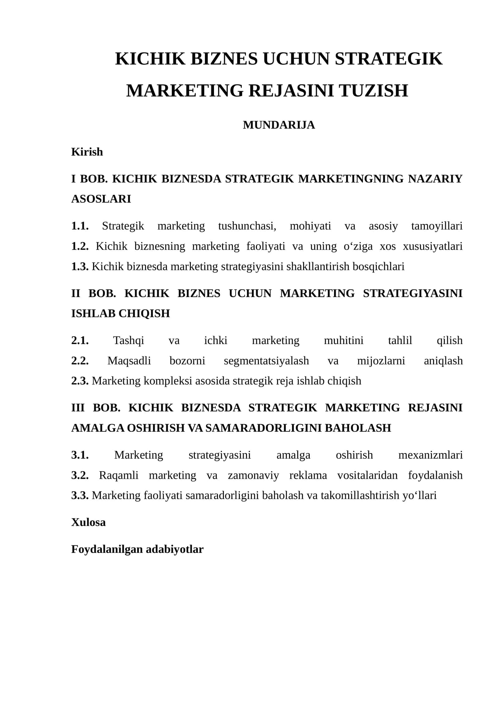 KICHIK BIZNES UCHUN STRATEGIK MARKETING REJASINI TUZISH 1