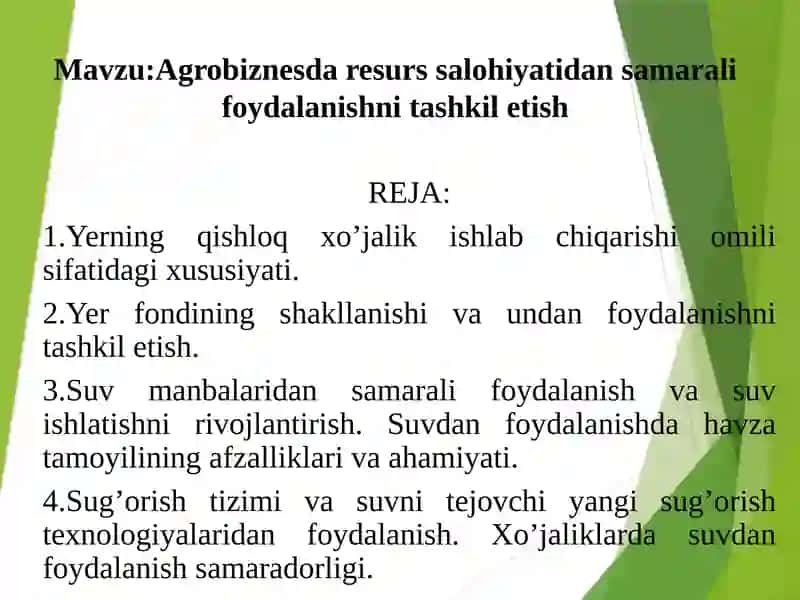 Agrobiznesda resurs salohiyatidan samarali foydalanishni tashkil etish