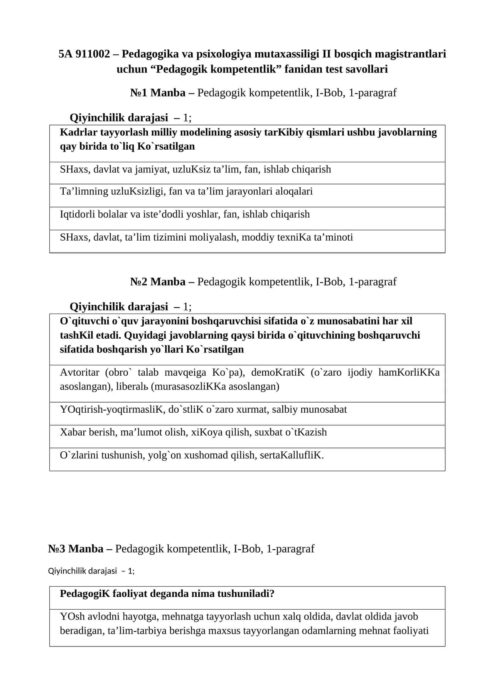 Pedagogika va psixologiya mutaxassiligi II bosqich magistrantlari uchun “Pedagogik kompetentlik” fanidan test savollari 1