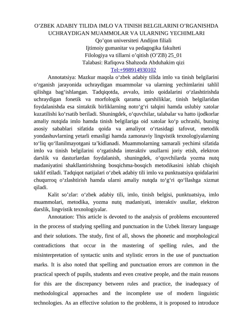 O’ZBEK ADABIY TILIDA IMLO VA TINISH BELGILARINI O’RGANISHDA UCHRAYDIGAN MUAMMOLAR VA ULARNING YECHIMLARI 1