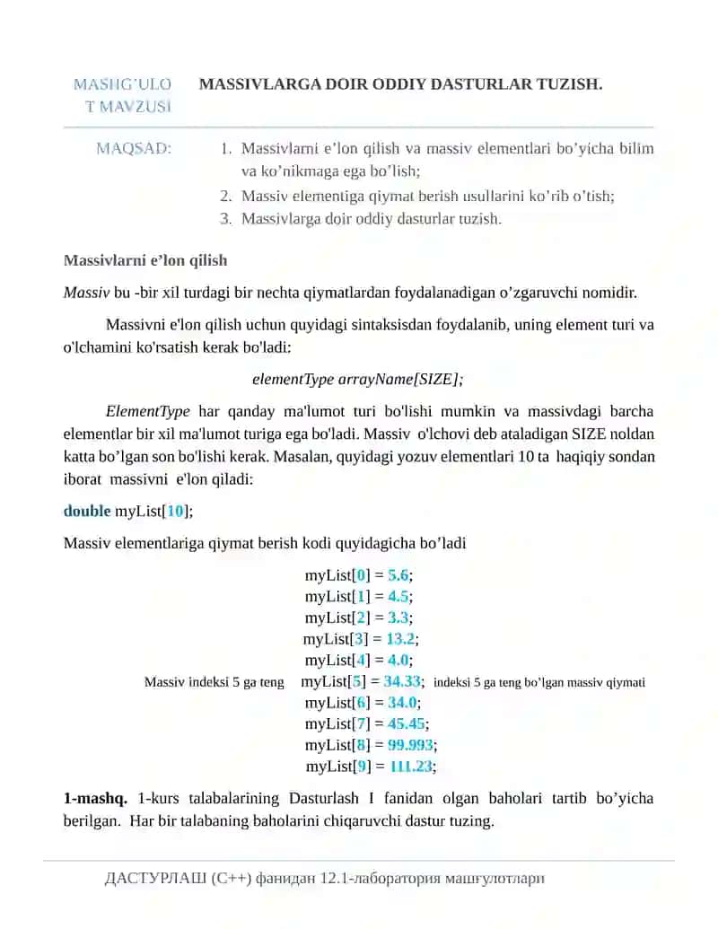 Massivlarga doir oddiy dasturlar tuzish. 1