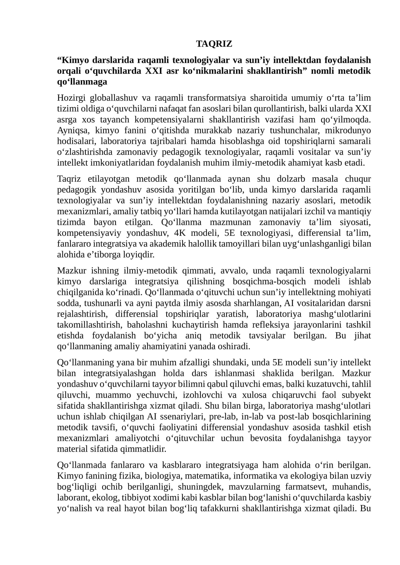 “Kimyo darslarida raqamli texnologiyalar va sun’iy intellektdan foydalanish orqali o‘quvchilarda XXI asr ko‘nikmalarini shakllantirish” nomli metodik qo‘llanma 1