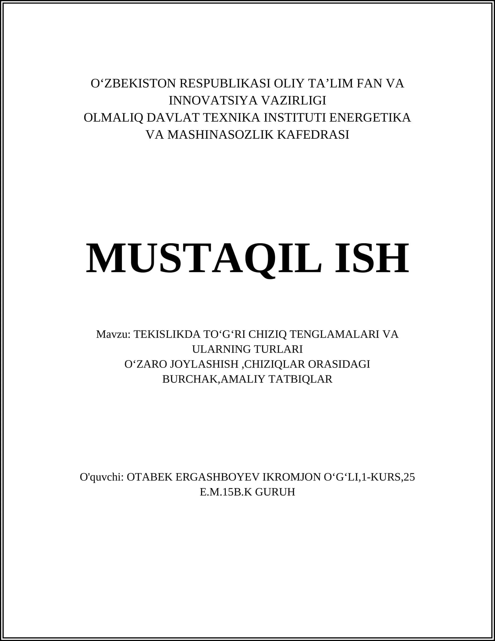 TEKISLIKDA TOʻGʻRI CHIZIQ TENGLAMALARI VA ULARNING TURLARI 1