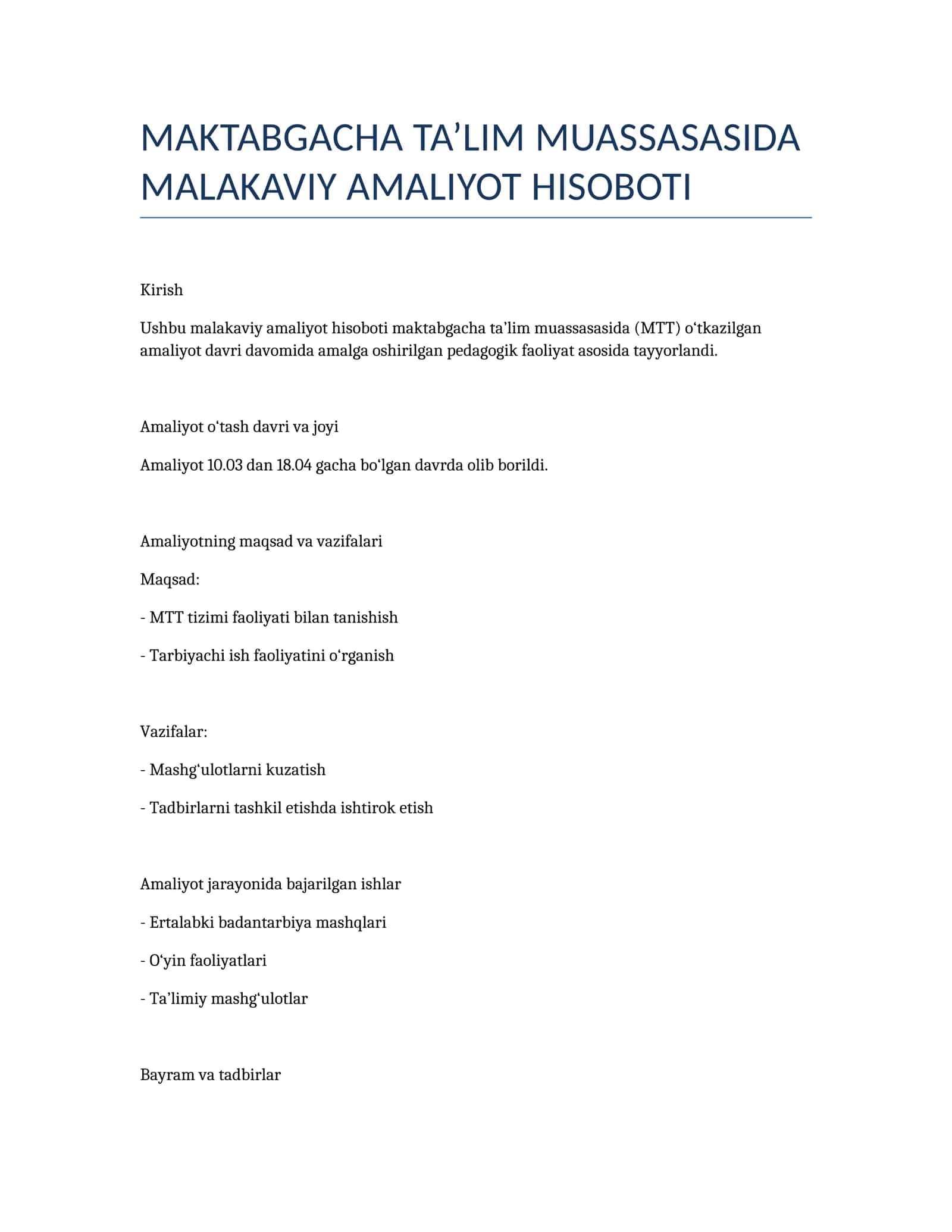 MAKTABGACHA TA’LIM MUASSASASIDA MALAKAVIY AMALIYOT HISOBOTI 1