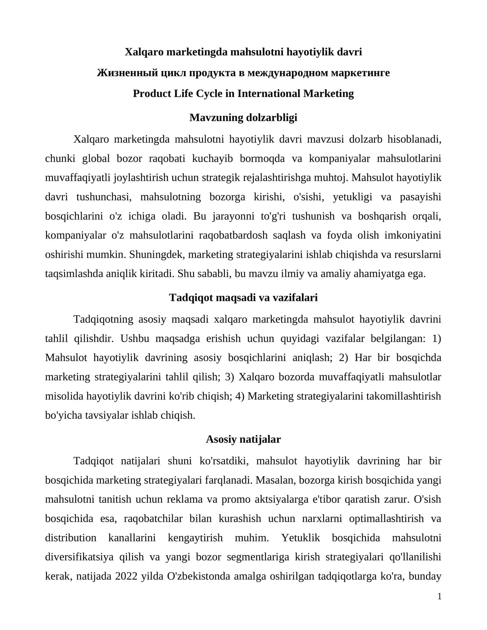 Xalqaro marketingda mahsulotni hayotiylik davri 1