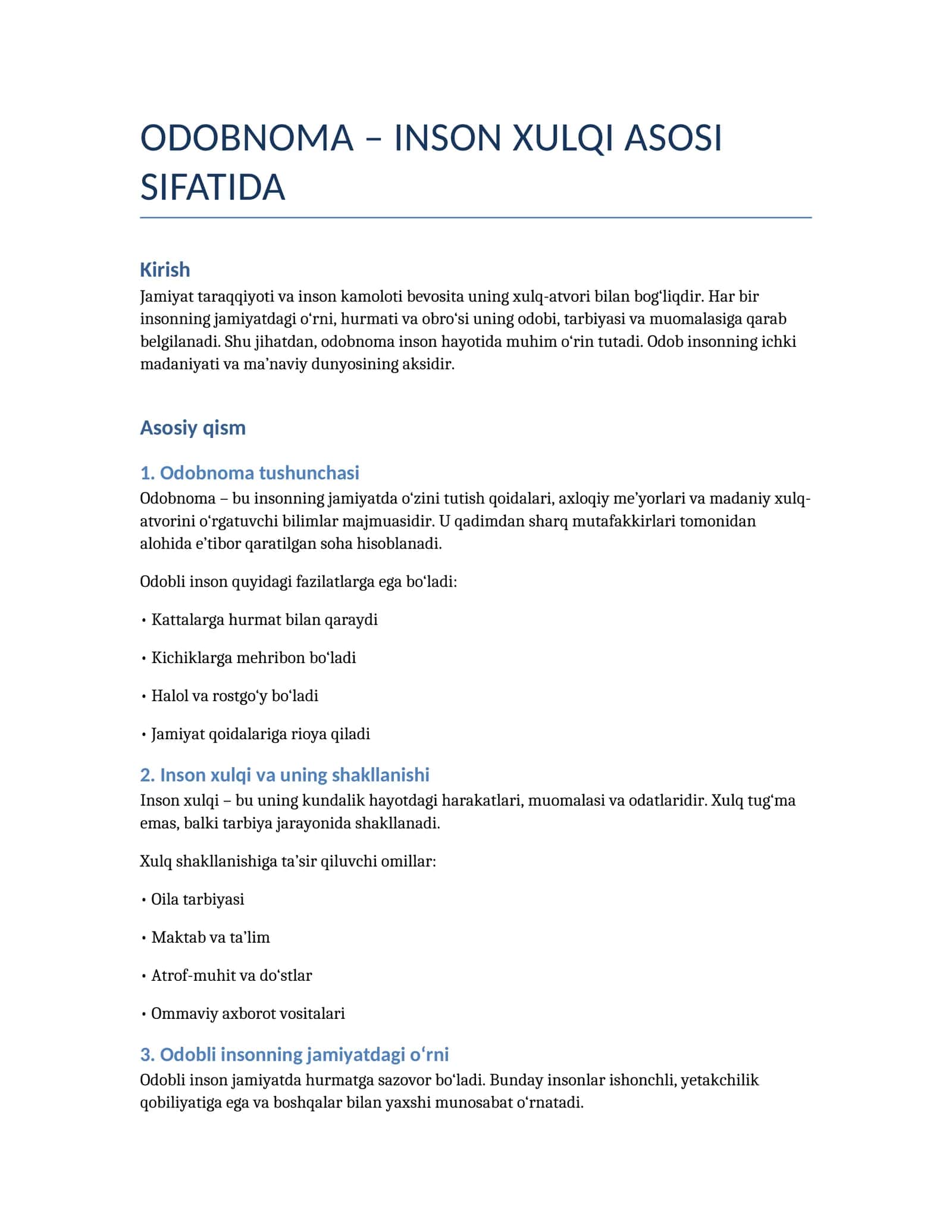 ODOBNOMA – INSON XULQI ASOSI SIFATIDA 1