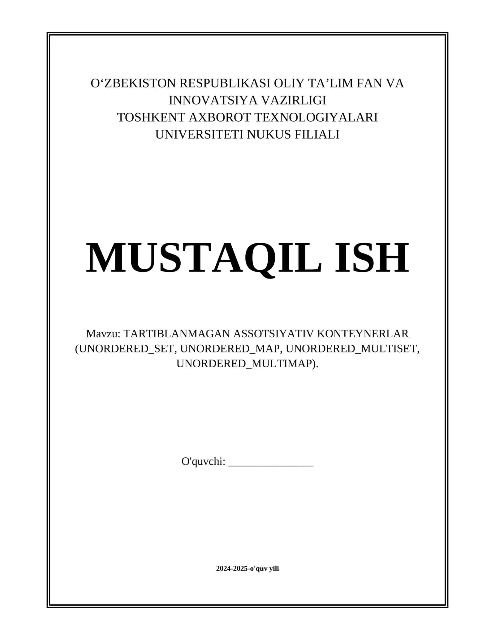 TARTIBLANMAGAN ASSOTSIYATIV KONTEYNERLAR (UNORDERED_SET, UNORDERED_MAP, UNORDERED_MULTISET, UNORDERED_MULTIMAP). 1