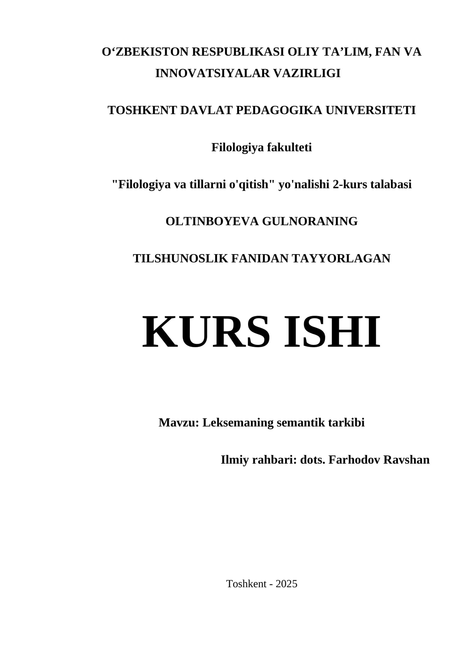 Leksemaning Semantik Tarkibi Kurs Ishi 1