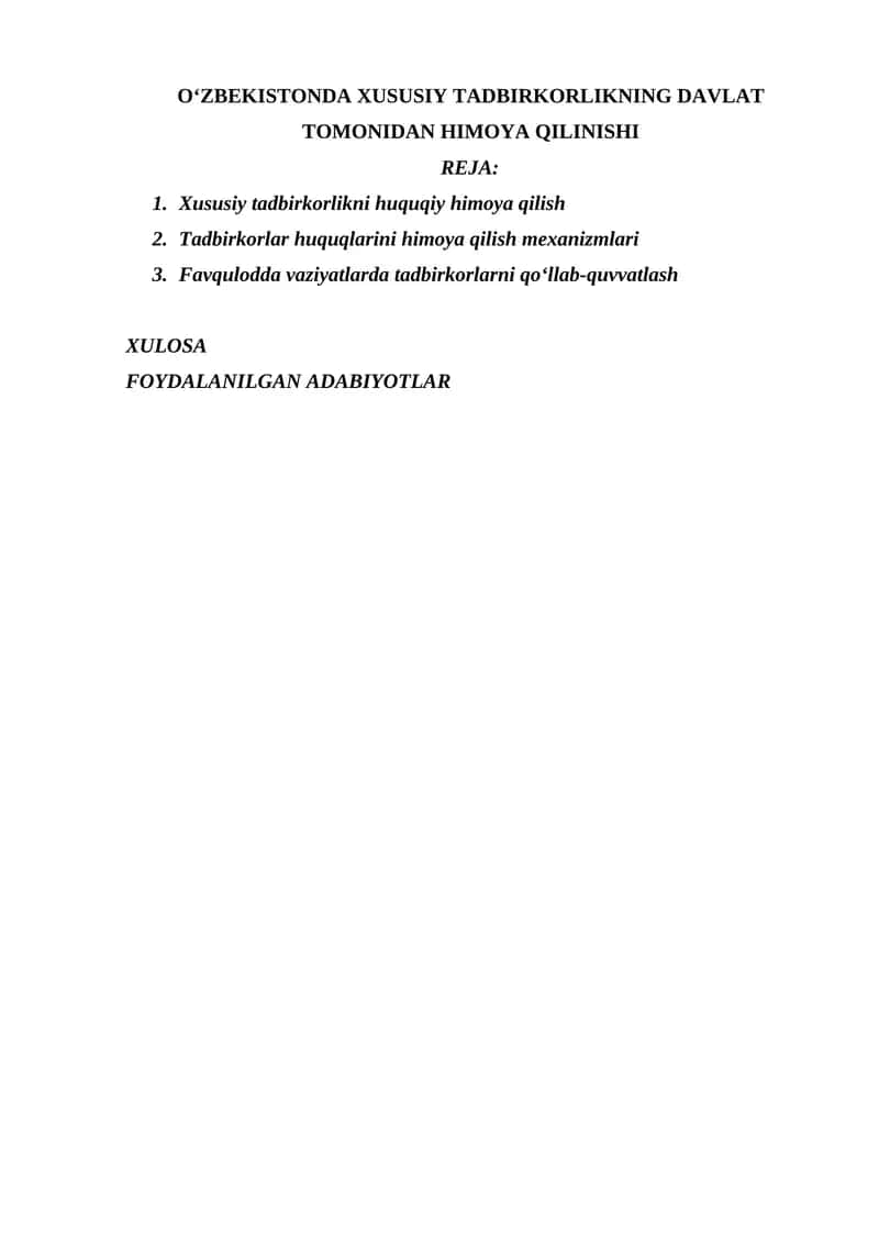 O‘ZBEKISTONDA XUSUSIY TADBIRKORLIKNING DAVLAT TOMONIDAN HIMOYA QILINISHI 1