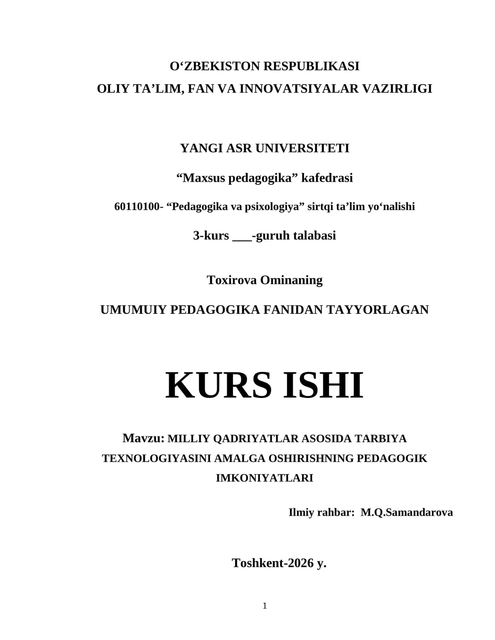 UMUMUIY PEDAGOGIKA FANIDAN TAYYORLAGAN KURS ISHI 1