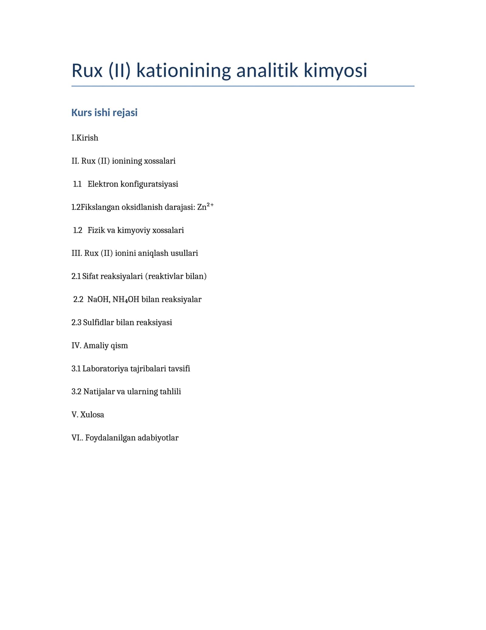 Rux (II) kationining analitik kimyosi Kurs ishi rejasi 1