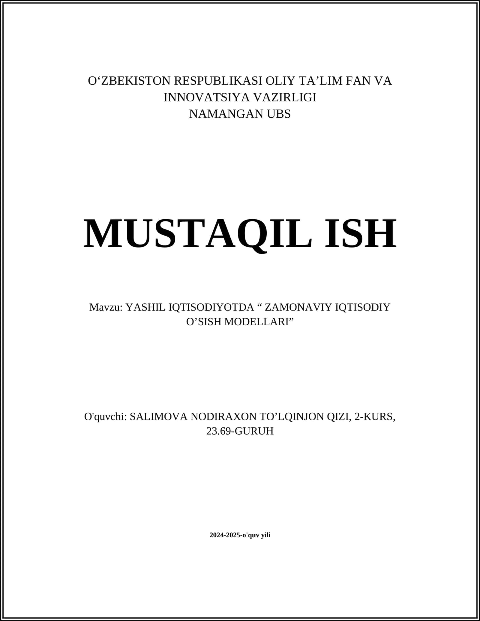 YASHIL IQTISODIYOTDA “ ZAMONAVIY IQTISODIY O’SISH MODELLARI” 1