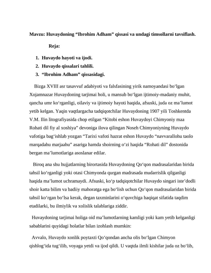 Huvaydoning “Ibrohim Adham” qissasi va undagi timsollarni tavsiflash 1