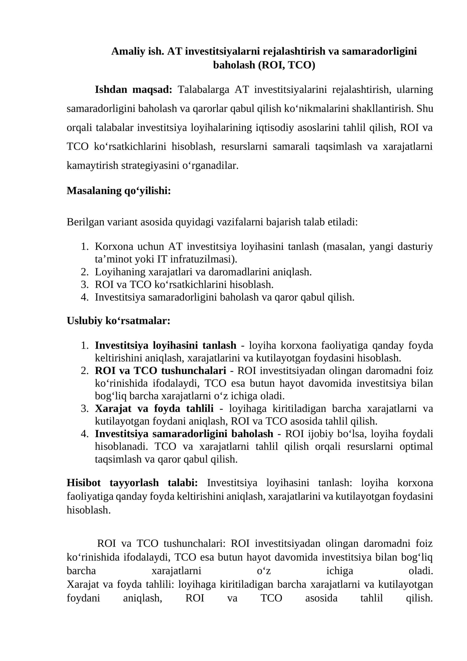 Amaliy ish. AT investitsiyalarni rejalashtirish va samaradorligini baholash (ROI, TCO) 1
