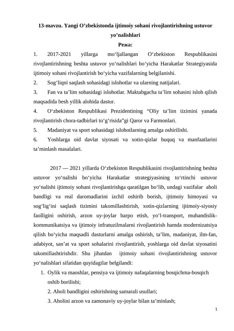 O‘zbekistonda ijtimoiy sohani rivojlantirishning ustuvor yo’nalishlari 1