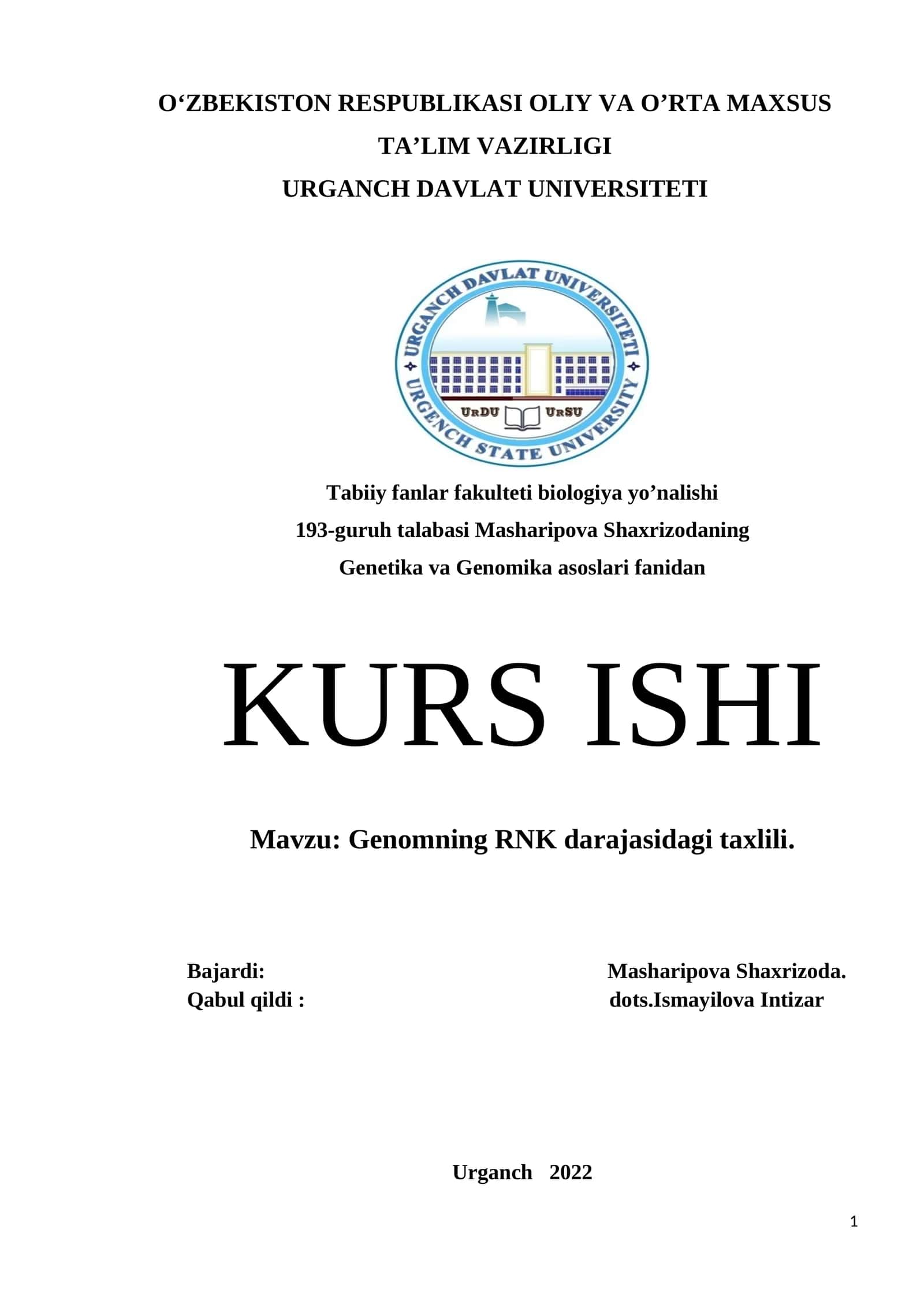 Genomning RNK darajasidagi taxlili 1