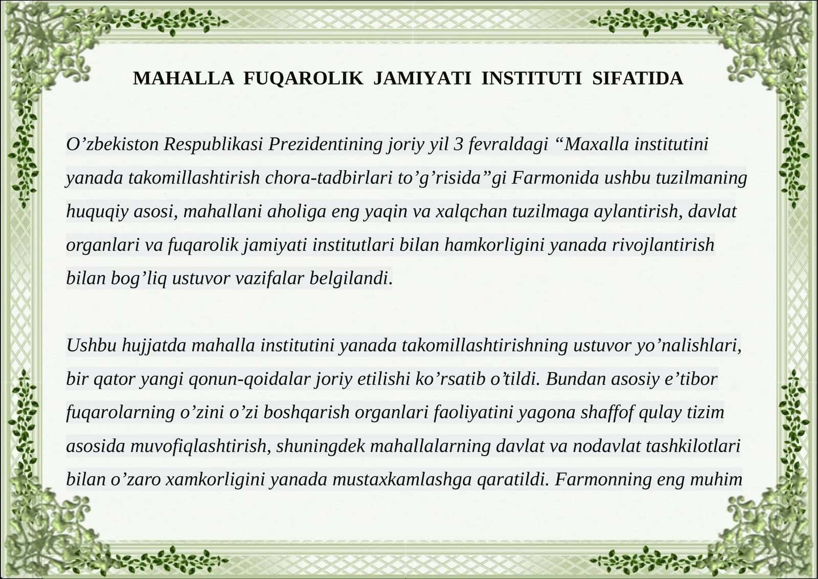 MAHALLA FUQAROLIK JAMIYATI INSTITUTI 1