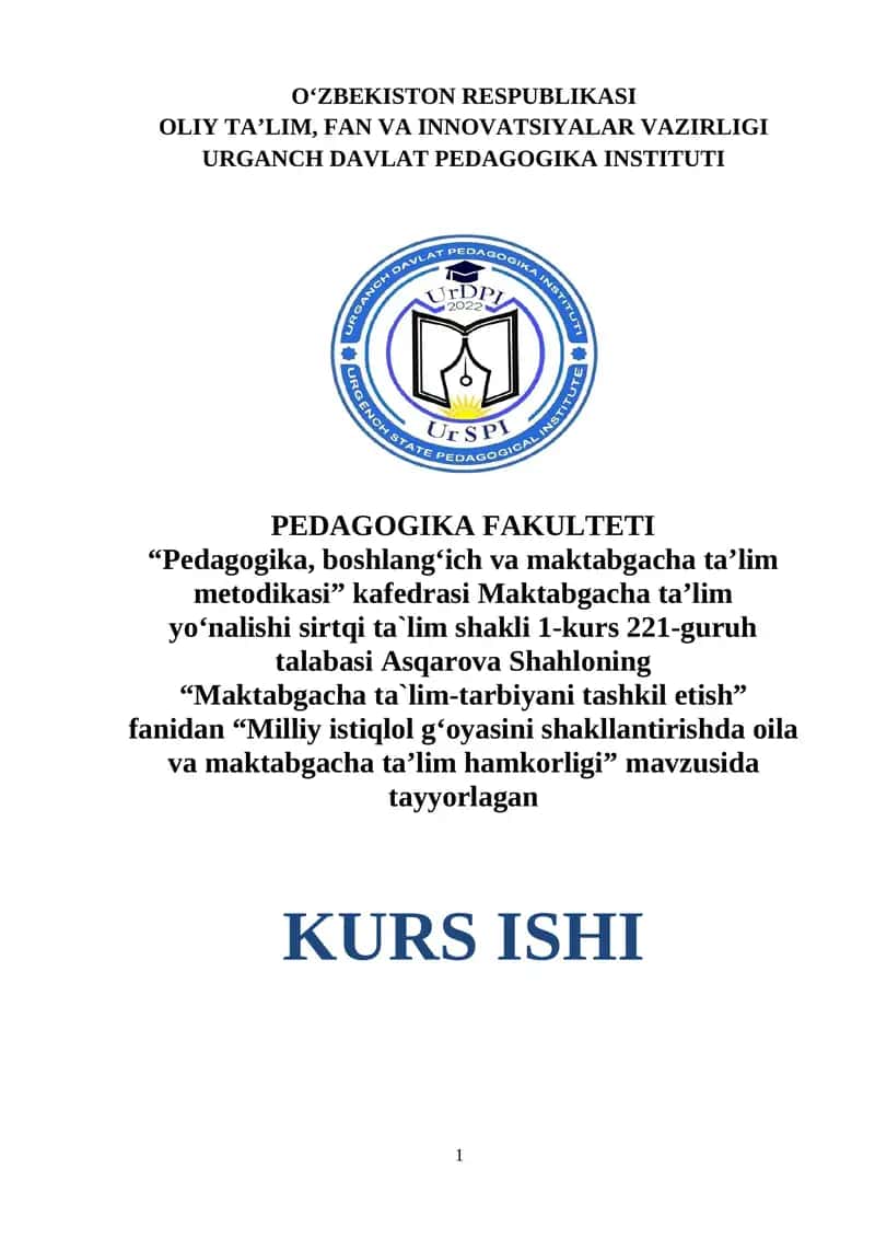 "Milliy istiqlol g‘oyasini shakllantirishda oila va maktabgacha ta’lim hamkorligi" 1
