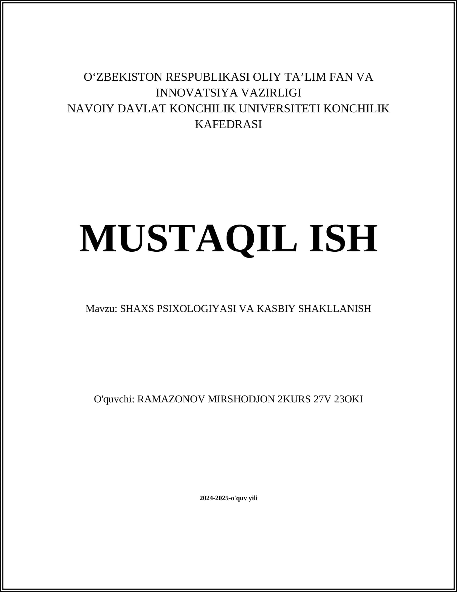 SHAXS PSIXOLOGIYASI VA KASBIY SHAKLLANISH 1