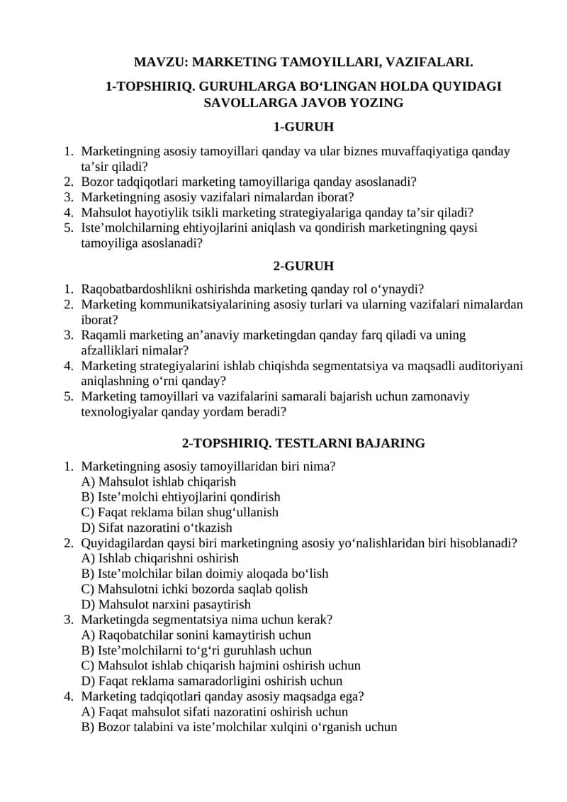 MARKETING TAMOYILLARI, VAZIFALARI 1