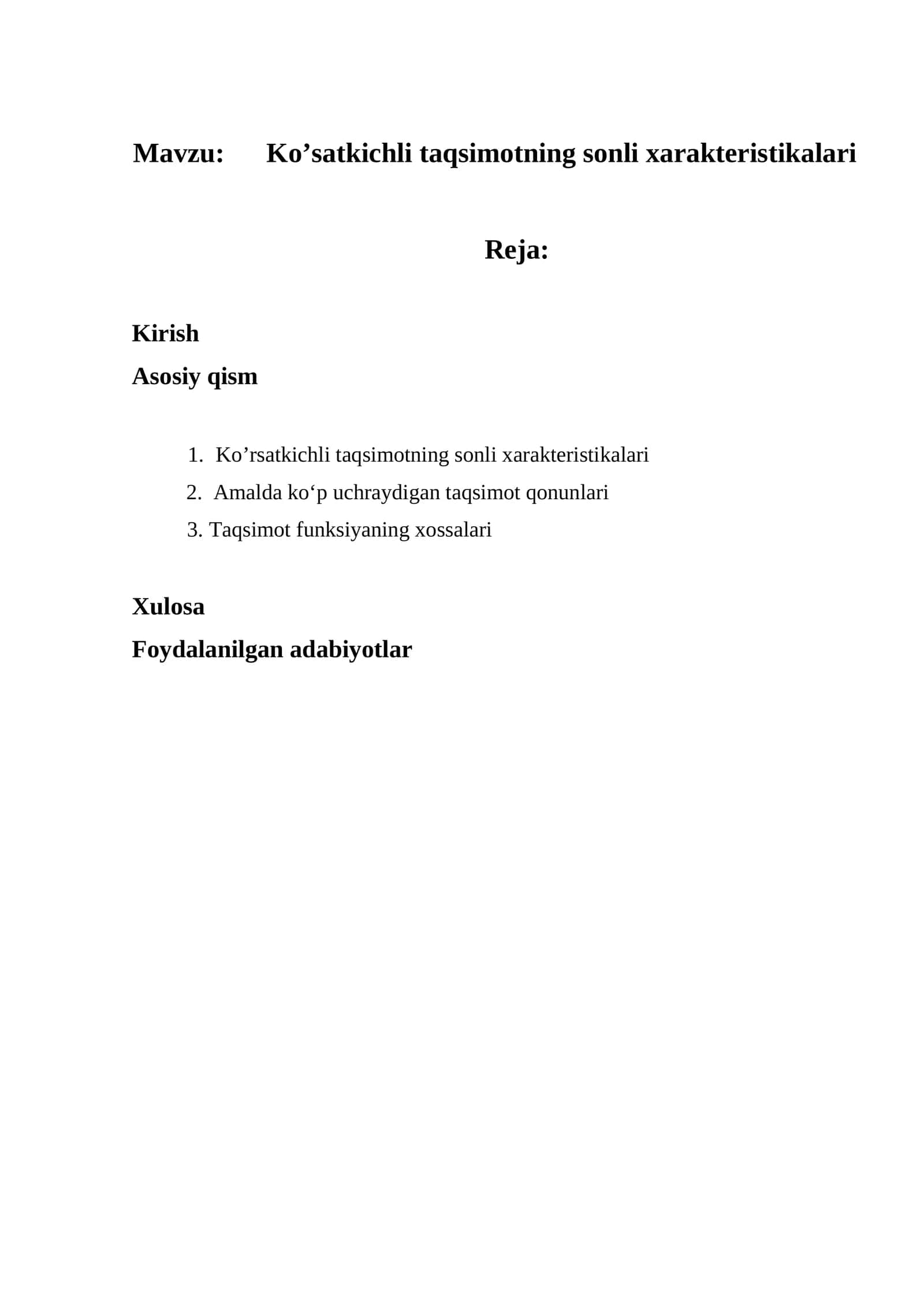 Ko’satkichli taqsimotning sonli xarakteristikalari 1
