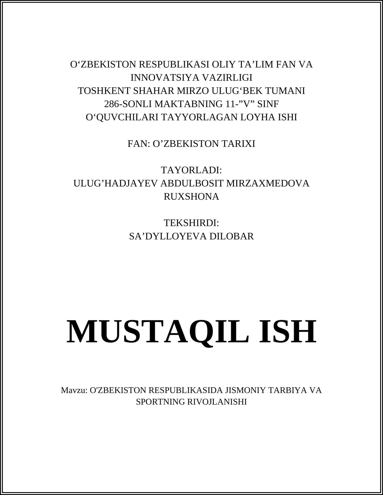 O'ZBEKISTON RESPUBLIKASIDA JISMONIY TARBIYA VA SPORTNING RIVOJLANISHI 1