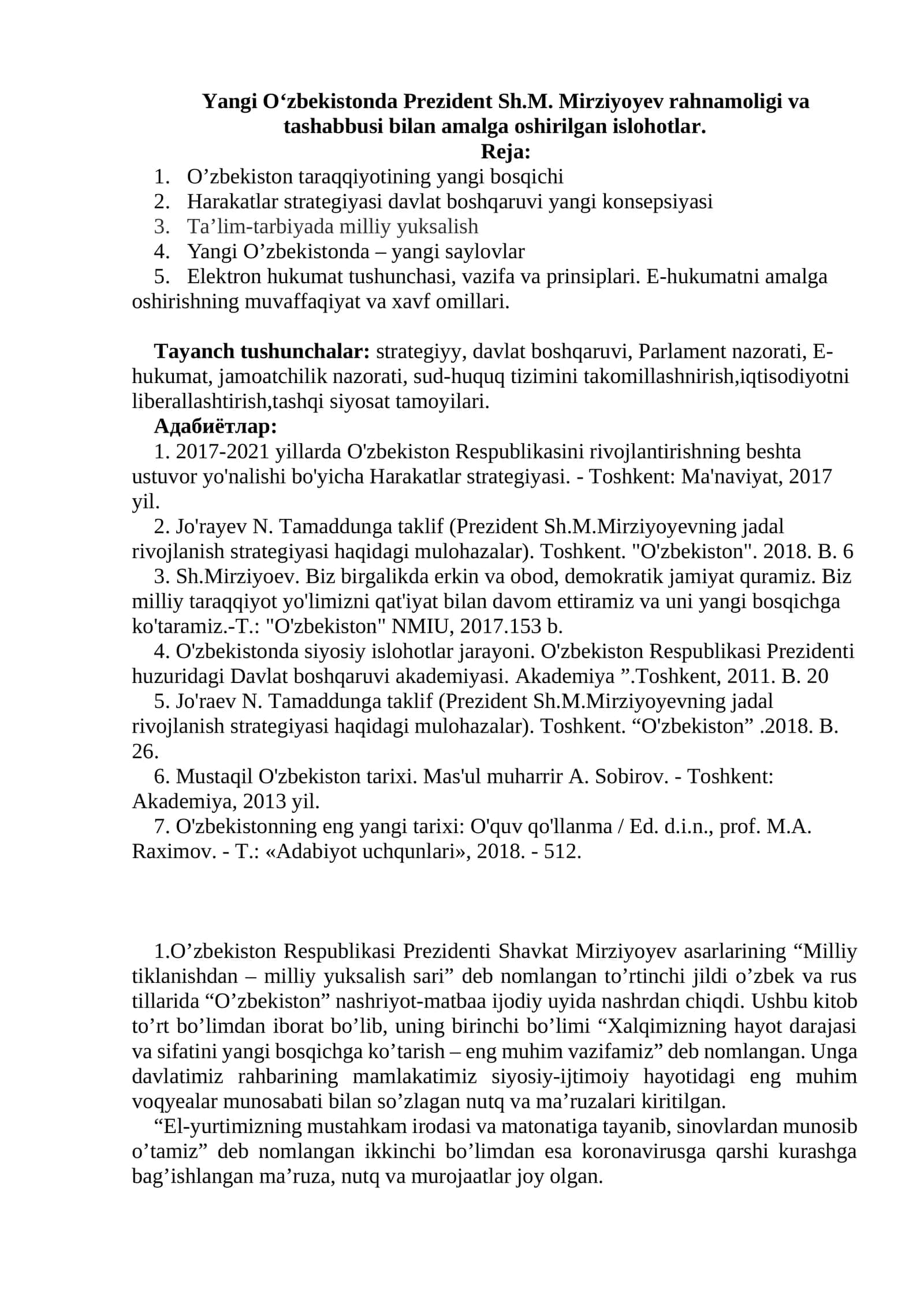 Yangi O‘zbekistonda Prezident Sh.M. Mirziyoyev rahnamoligi va tashabbusi bilan amalga oshirilgan islohotlar 1