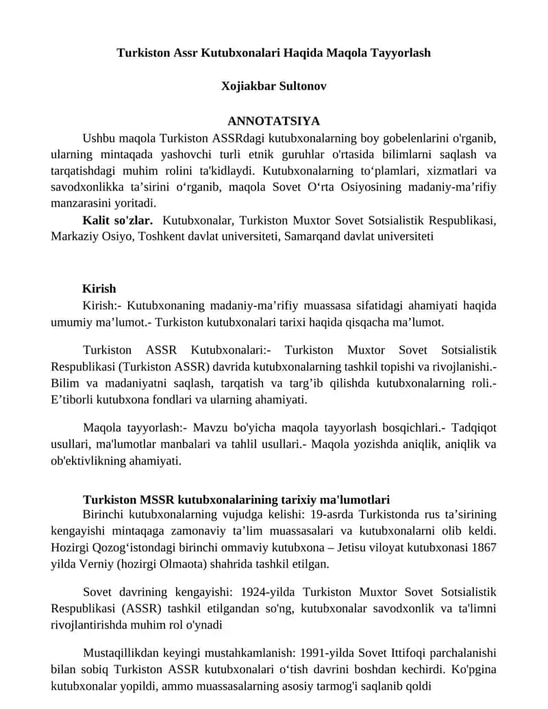 Turkiston Assr Kutubxonalari Haqida Maqola Tayyorlash 1
