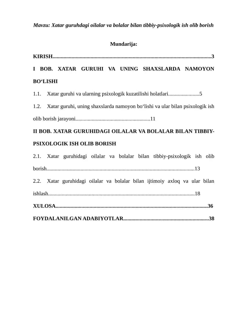 Xatar guruhidagi oilalar va bolalar bilan tibbiy-psixologik ish olib borish 1