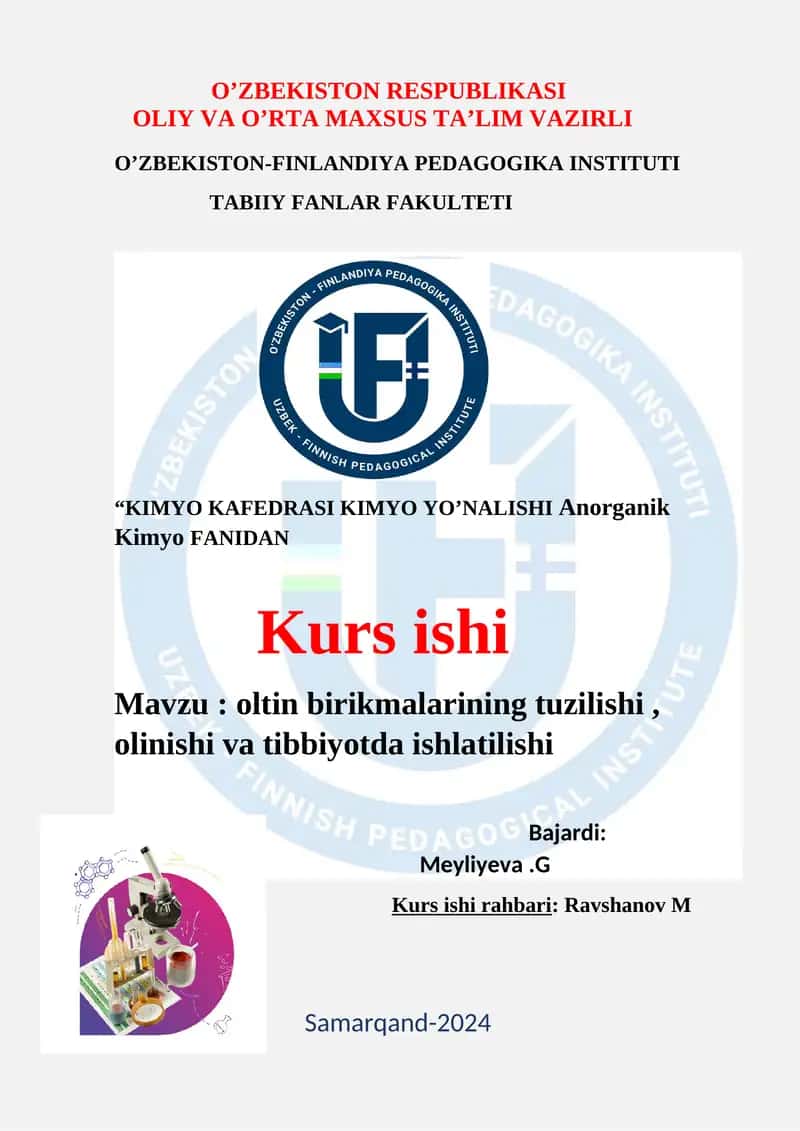 KIMYO KAFEDRASI KIMYO YO’NALISHI Anorganik Kimyo FANIDAN Kurs ishi 1