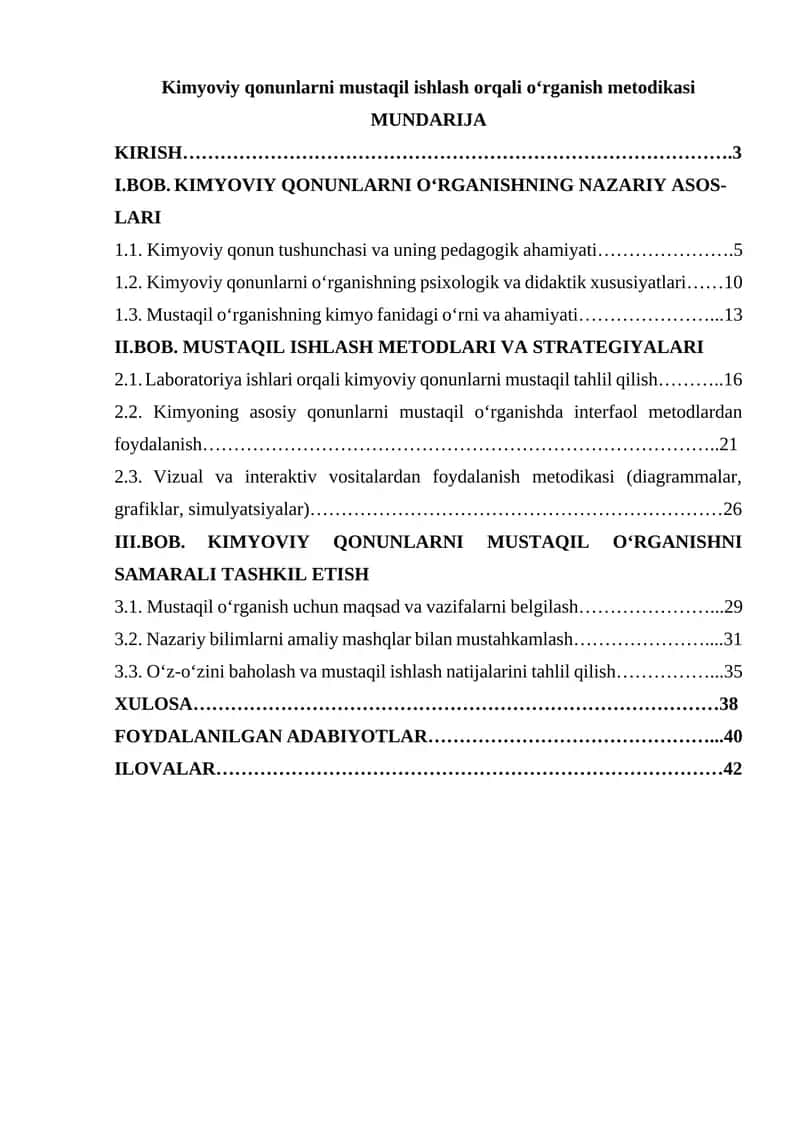 Kimyoviy qonunlarni mustaqil ishlash orqali o‘rganish metodikasi 1