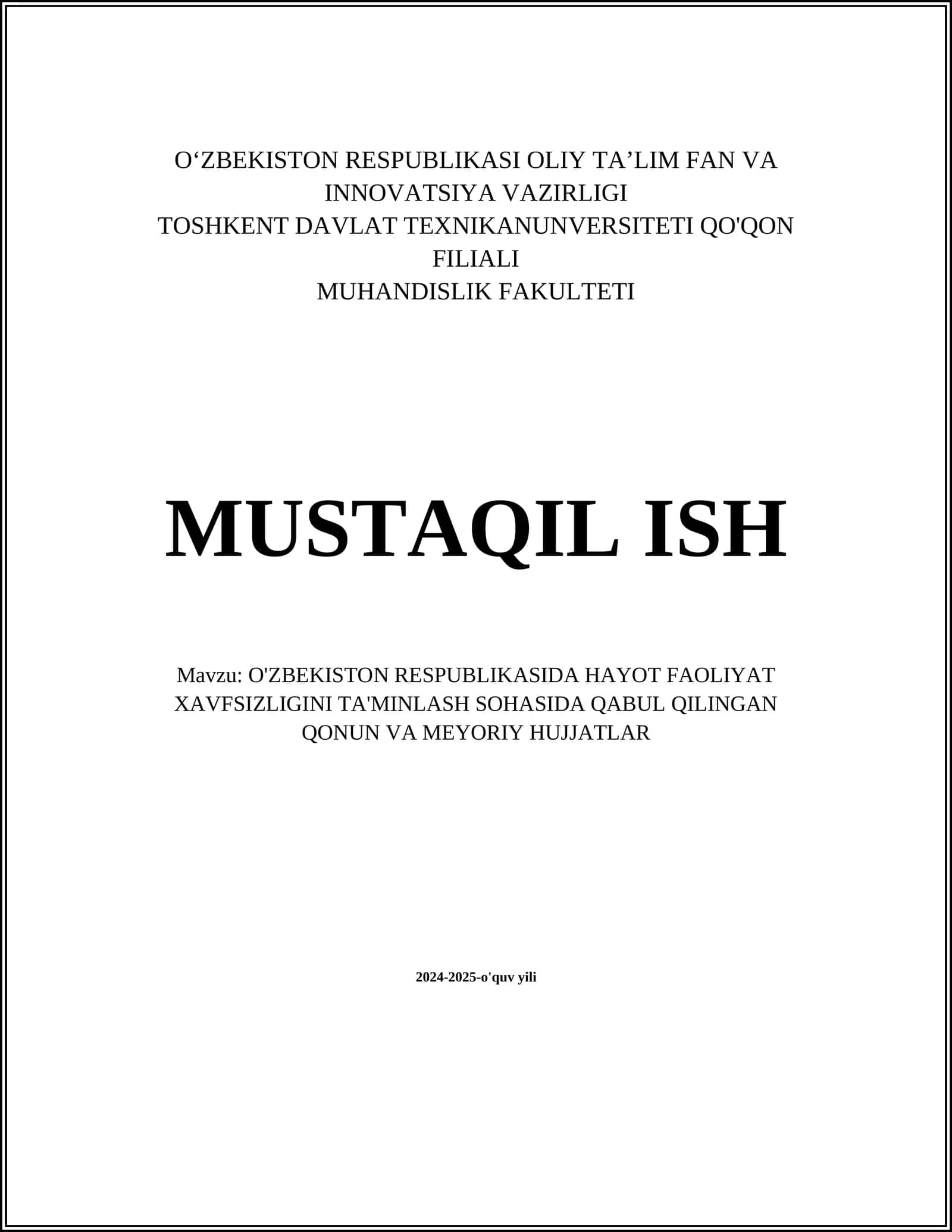 O'ZBEKISTON RESPUBLIKASIDA HAYOT FAOLIYAT XAVFSIZLIGINI TA'MINLASH SOHASIDA QABUL QILINGAN QONUN VA MEYORIY HUJJATLAR 1