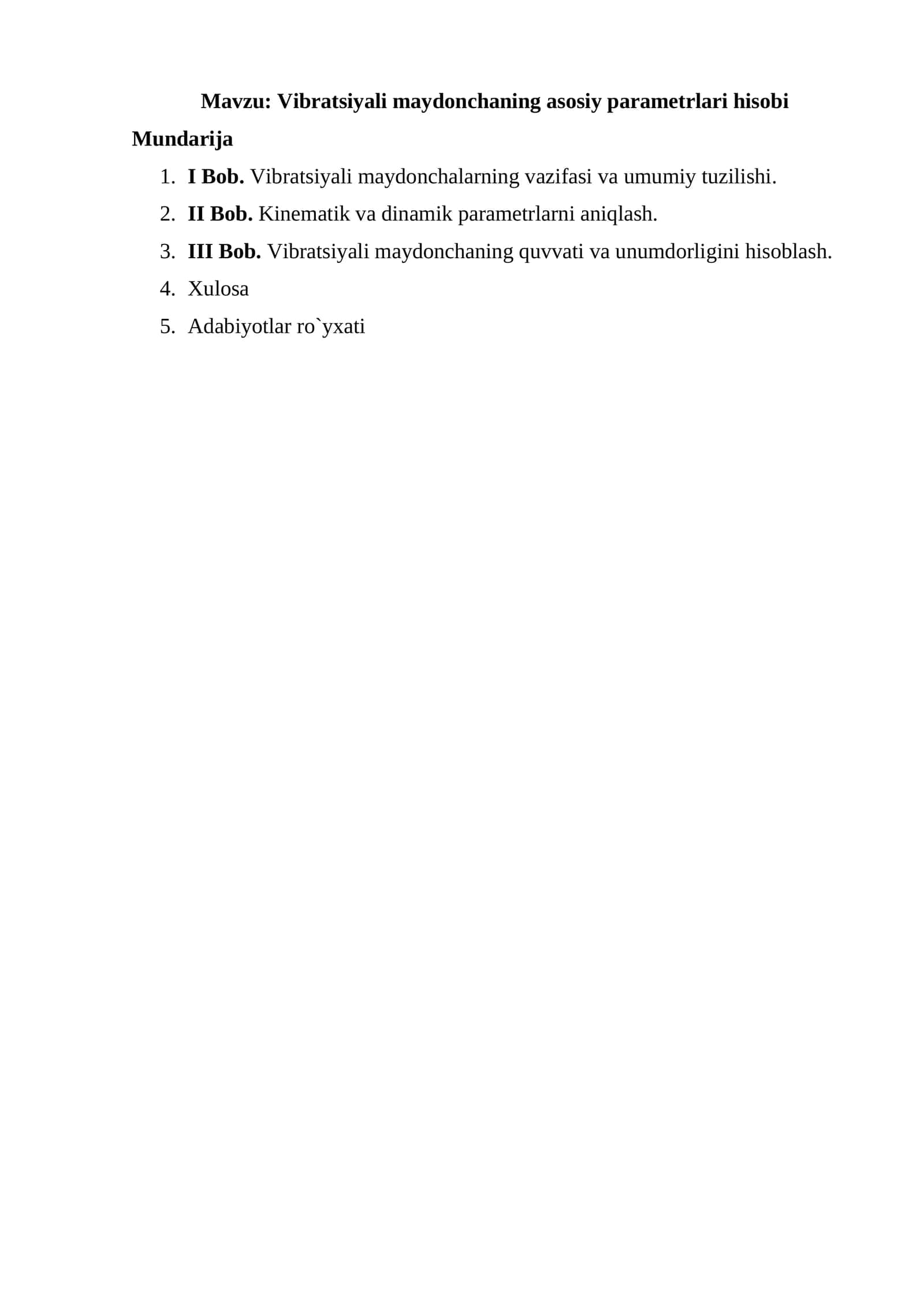 Vibratsiyali maydonchaning asosiy parametrlari hisobi 1