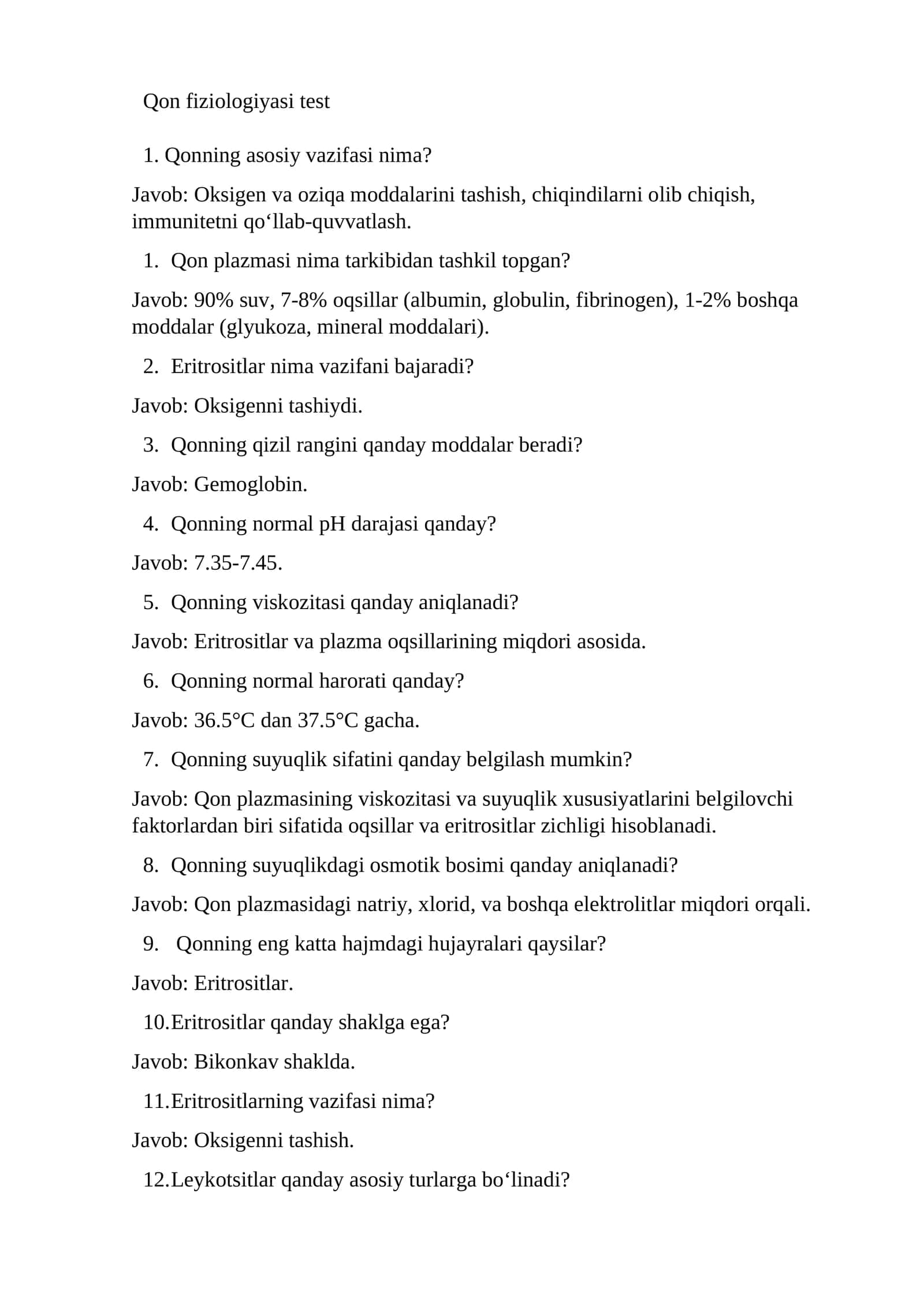 Qon fiziologiyasi test 1