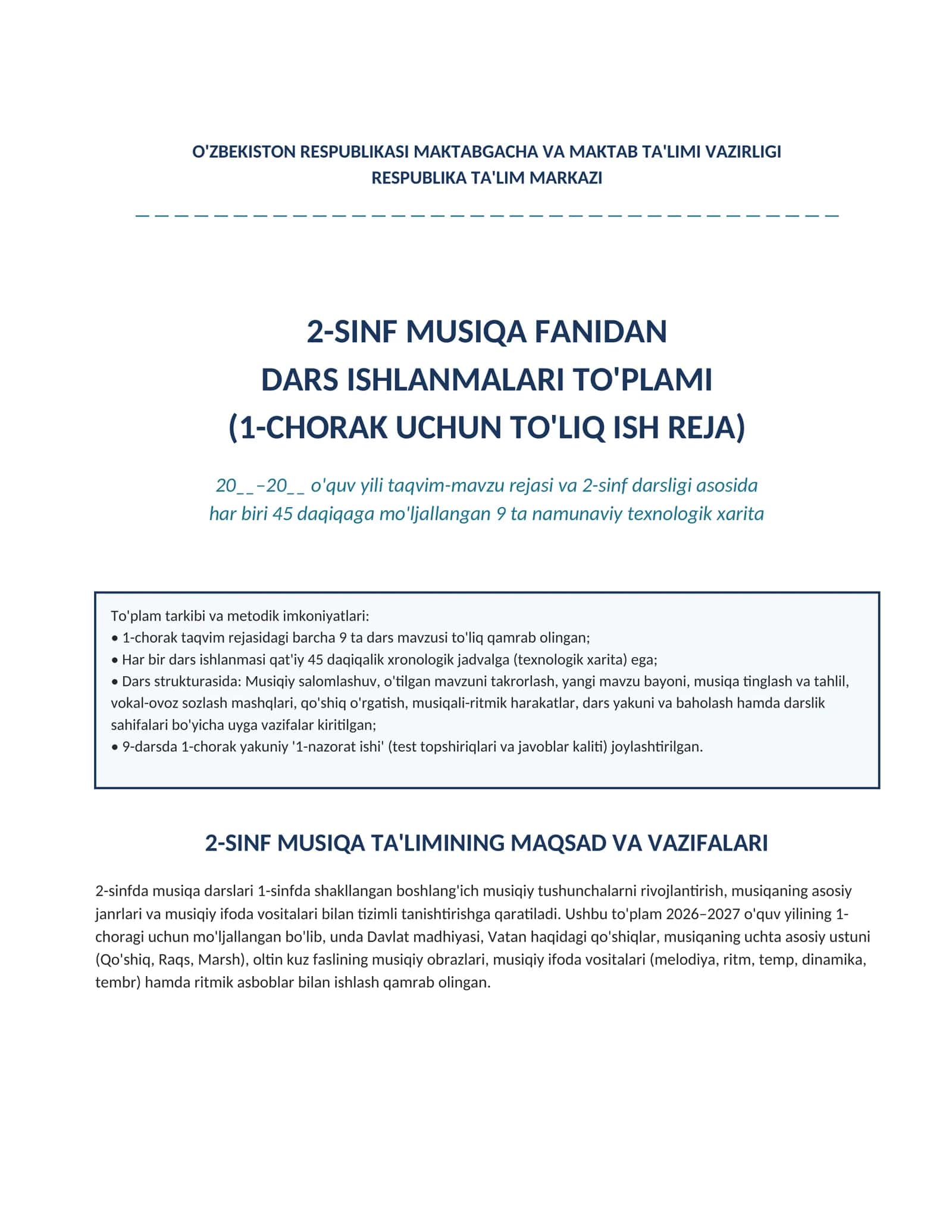 2-sinf Musiqa fanidan 1-chorak Dars ishlanmalari to'plami 1