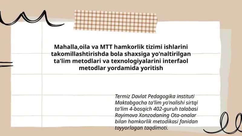Rayimova Xonzoda Ota-onalar bilan hamkorlik metodikasi fanidan tayyorlagan taqdimot 1