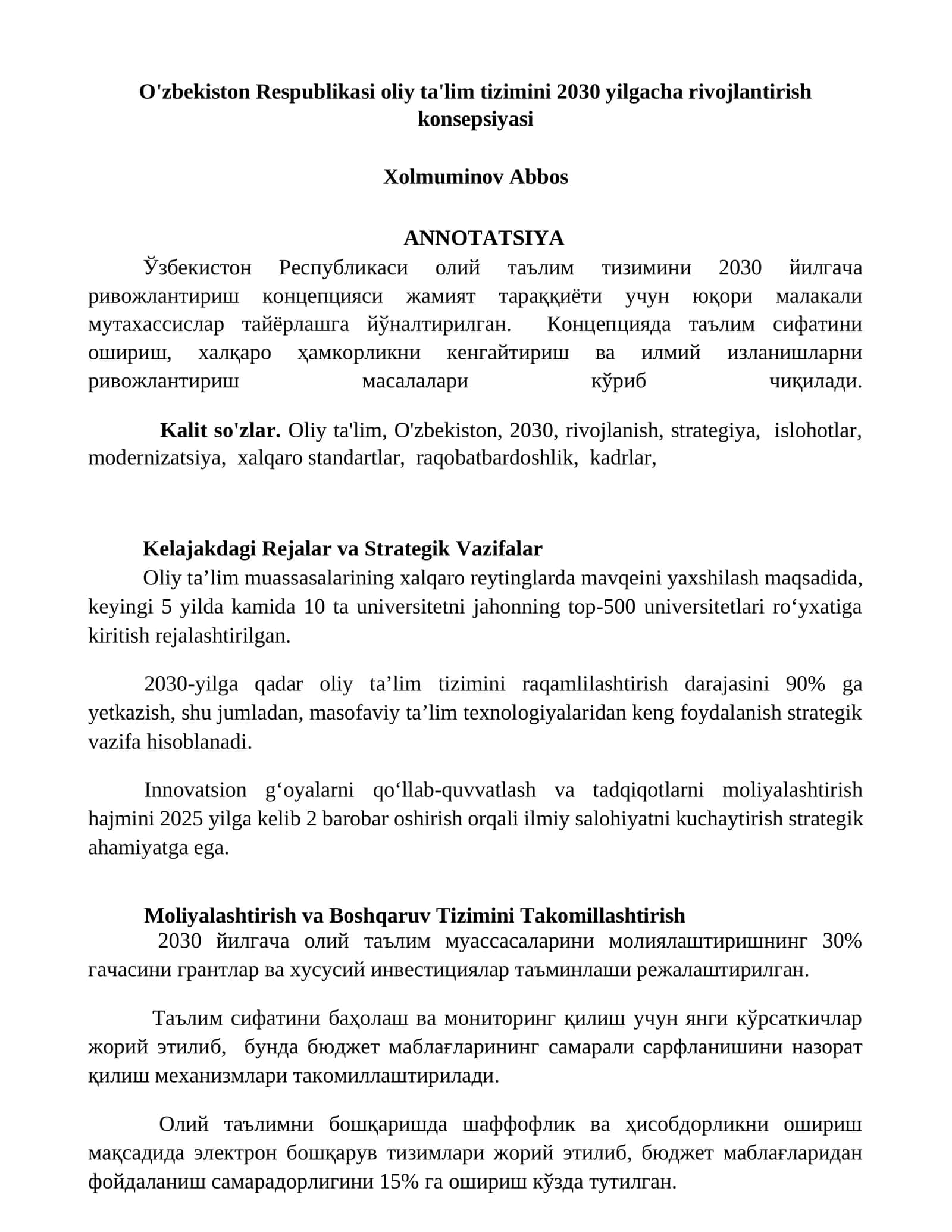 O'zbekiston Respublikasi oliy ta'lim tizimini 2030 yilgacha rivojlantirish konsepsiyasi 1