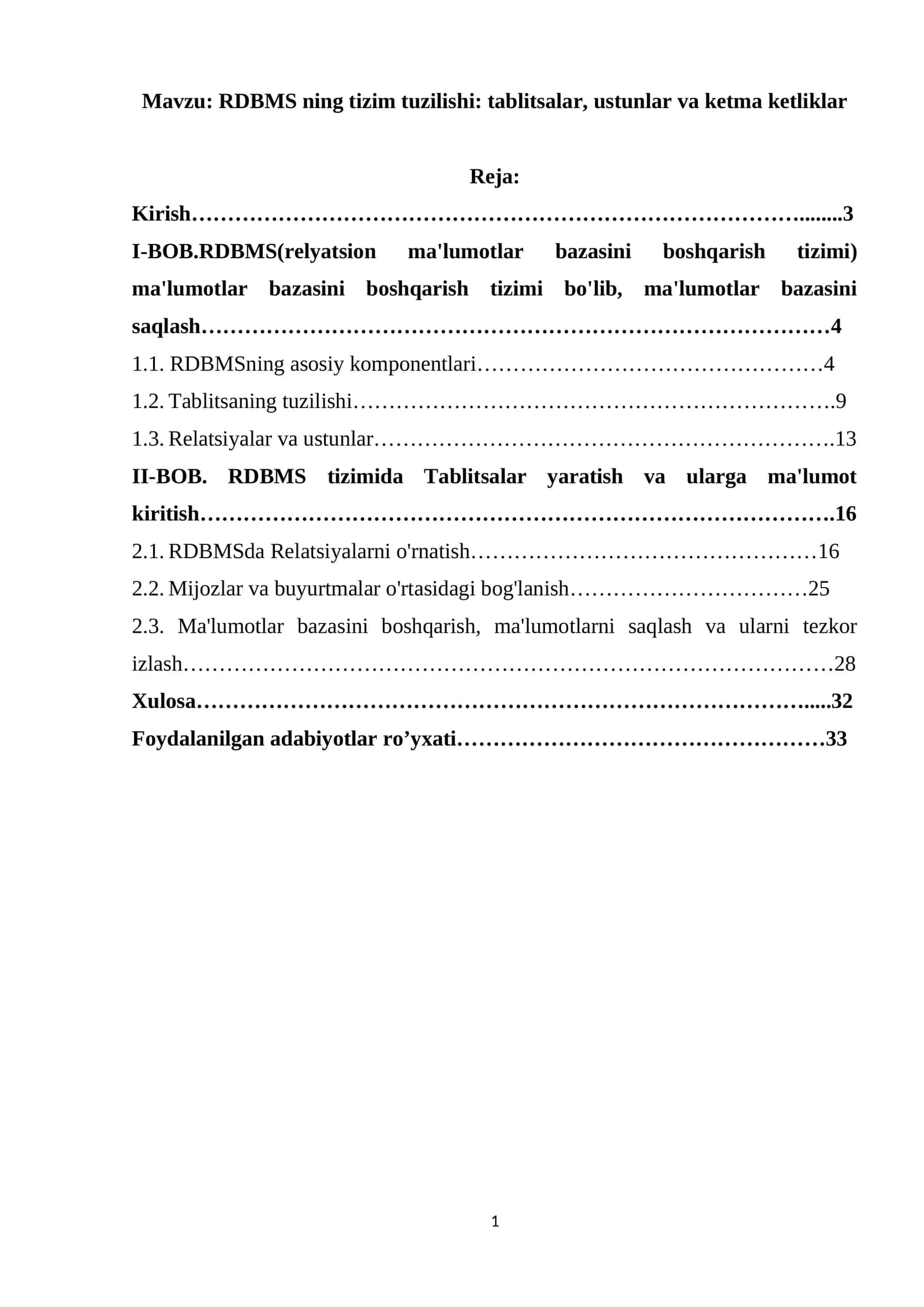 RDBMS ning tizim tuzilishi: tablitsalar, ustunlar va ketma ketliklar 1