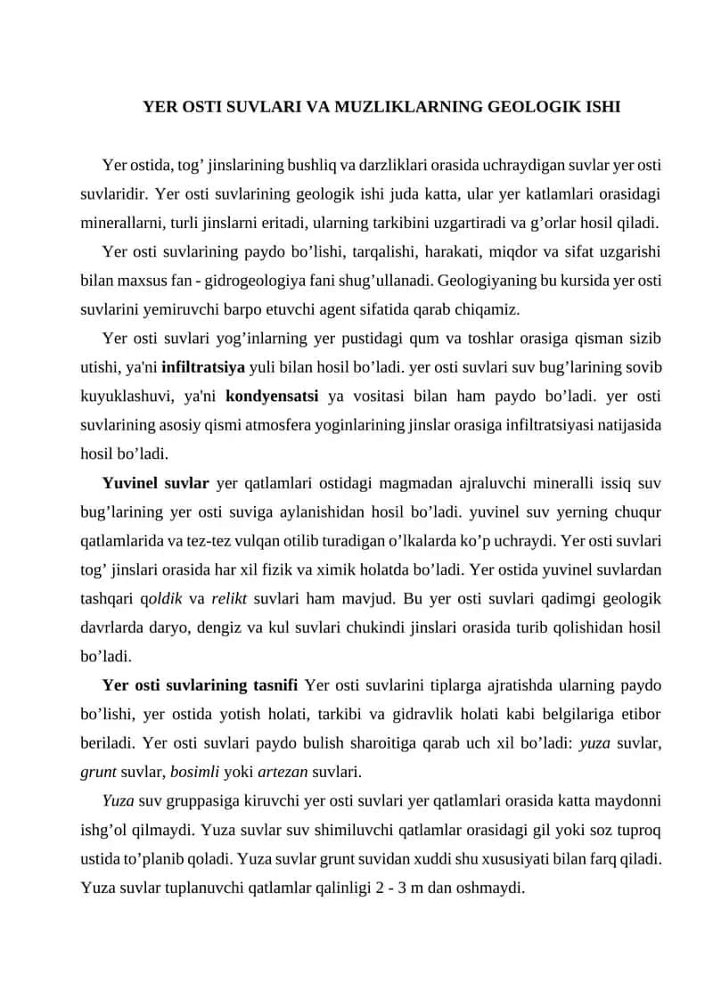 YER OSTI SUVLARI VA MUZLIKLARNING GEOLOGIK ISHI 1