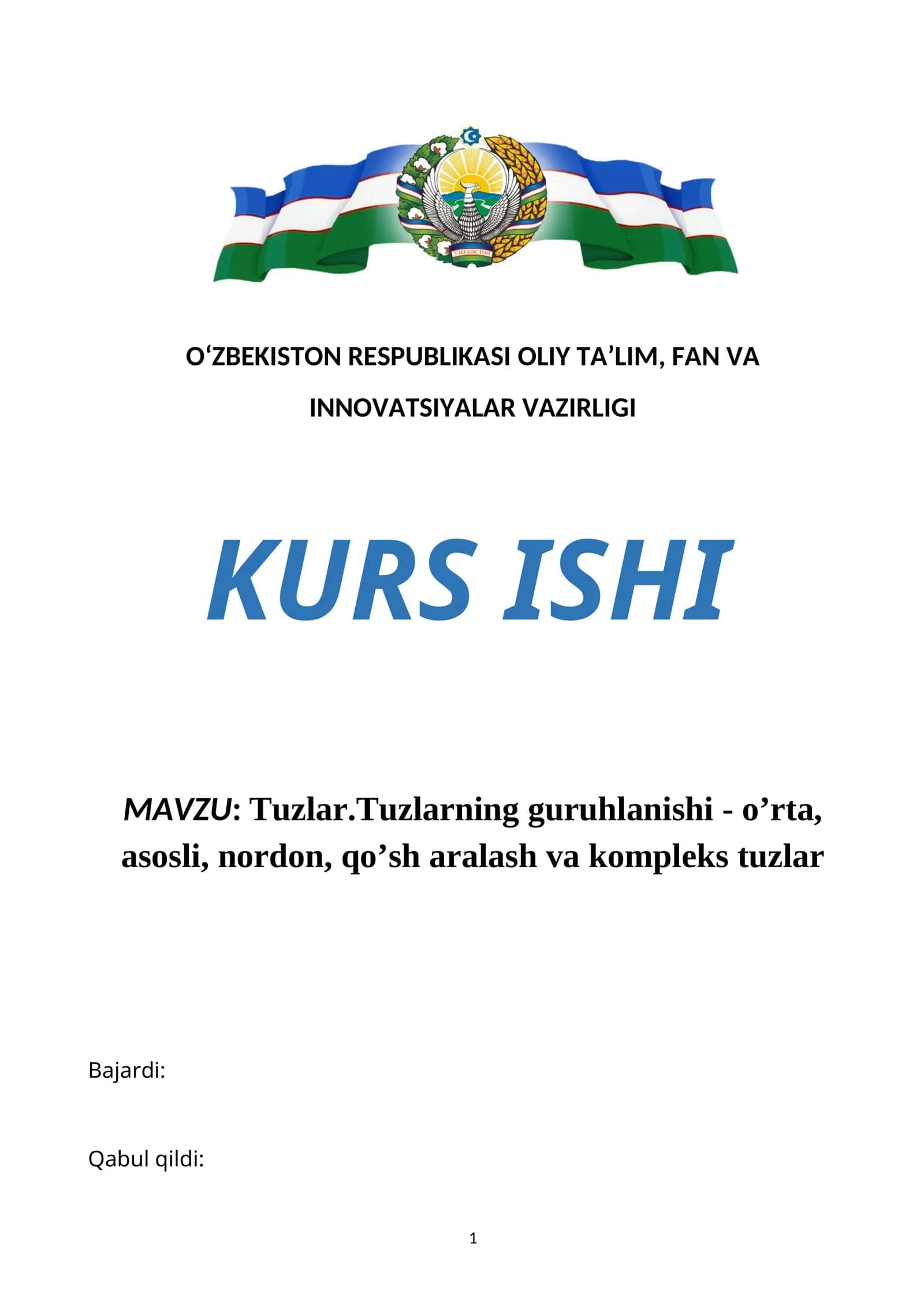 Tuzlar.Tuzlarning guruhlanishi - o’rta, asosli, nordon, qo’sh aralash va kompleks tuzlar 1