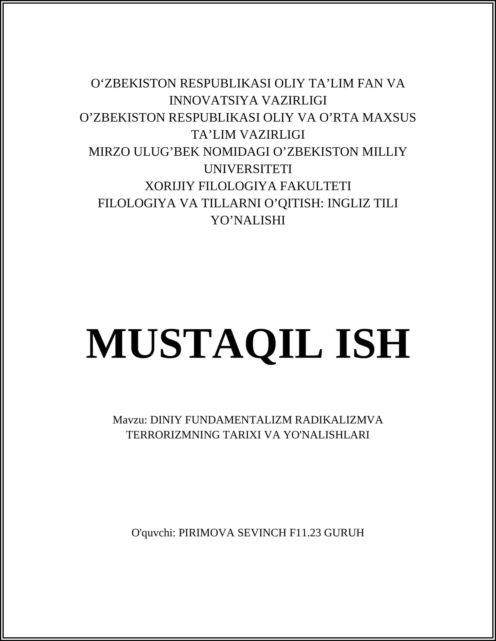 DINIY FUNDAMENTALIZM RADIKALIZMVA TERRORIZMNING TARIXI VA YO'NALISHLARI 1