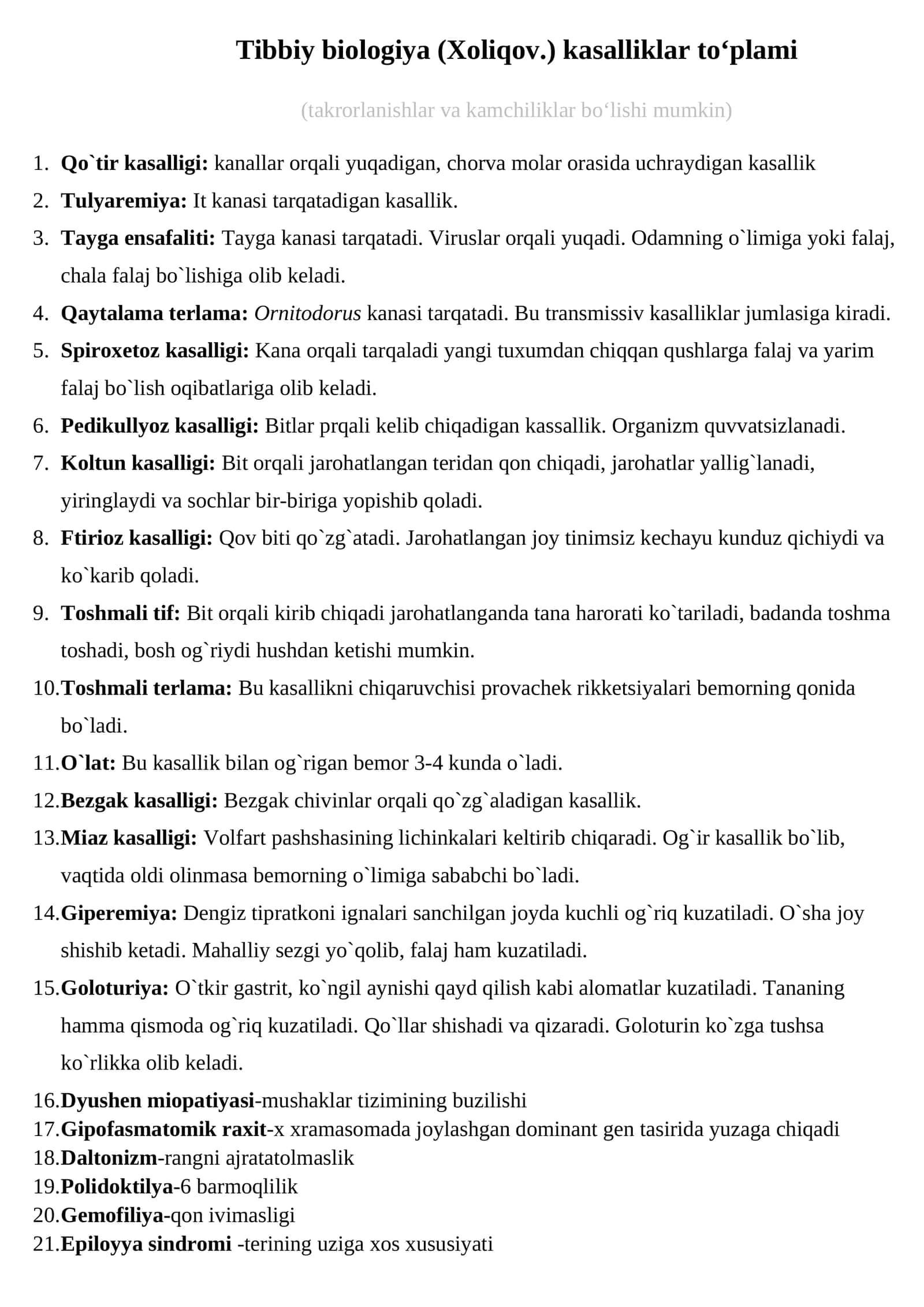 Tibbiy biologiya (Xoliqov.) kasalliklar to‘plami 1