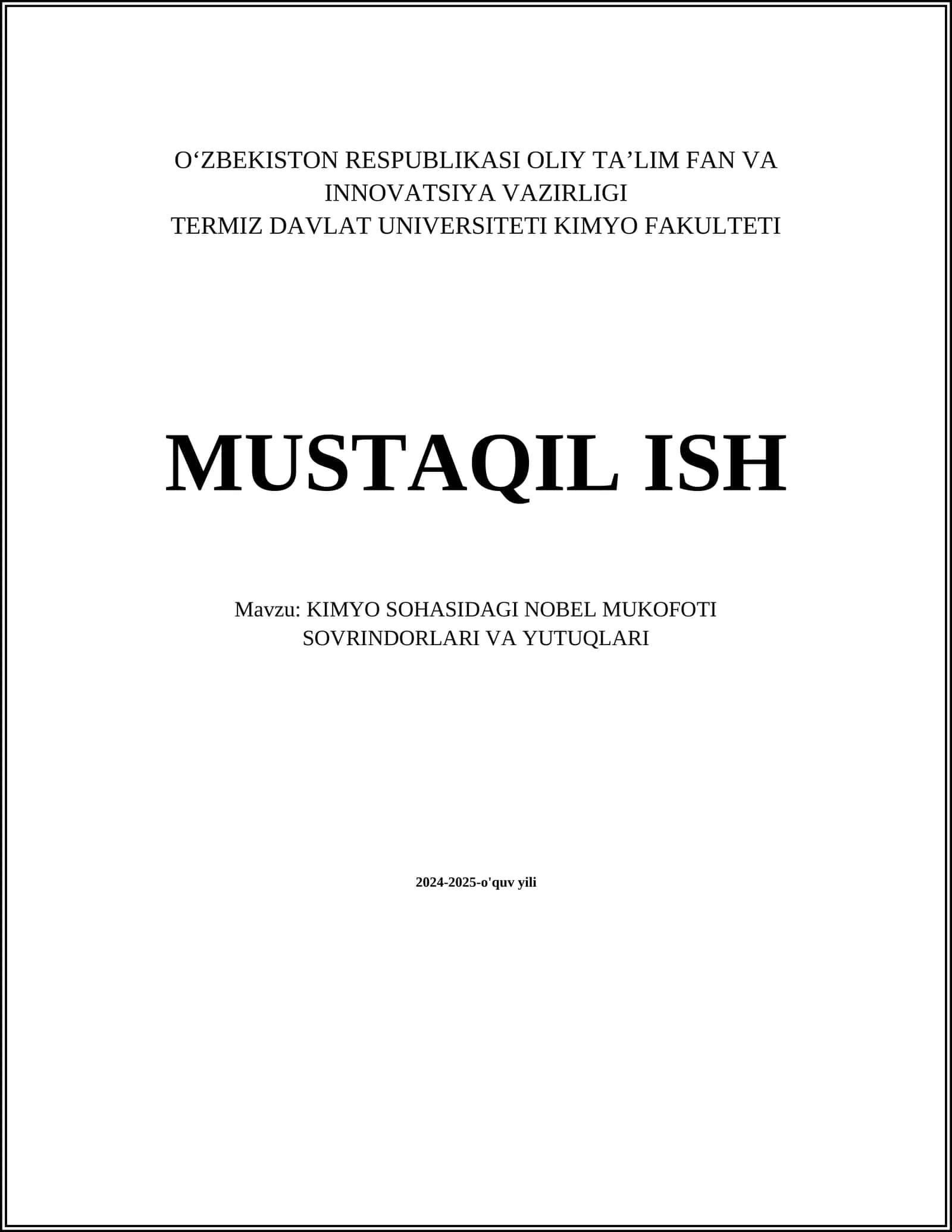 KIMYO SOHASIDAGI NOBEL MUKOFOTI SOVRINDORLARI VA YUTUQLARI 1