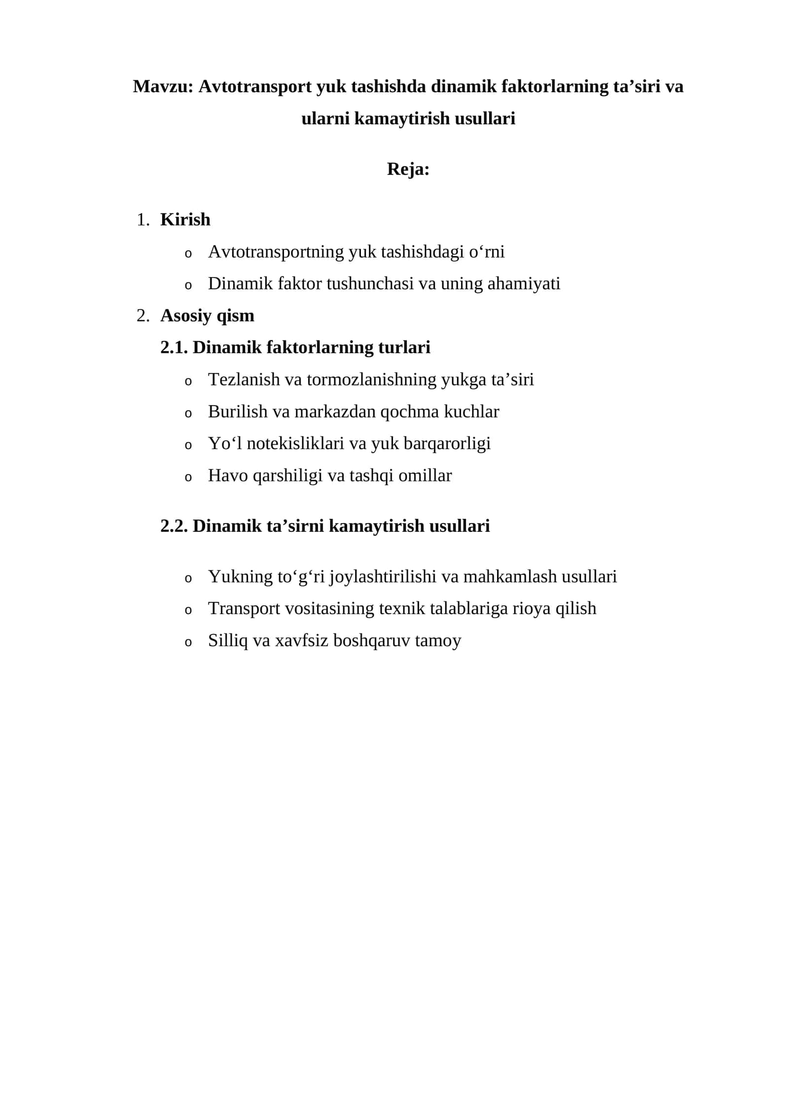 Avtotransport yuk tashishda dinamik faktorlarning ta’siri va ularni kamaytirish usullari 1